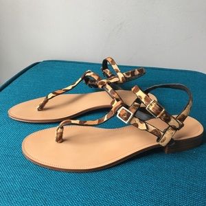 Pony hair leopard print double strap sandals